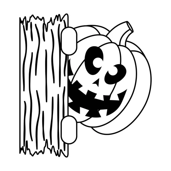 Cara de calabaza de Halloween con icono de estilo de línea de tablero de madera — Vector de stock