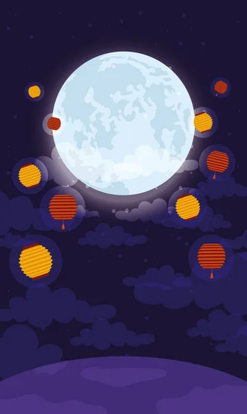 Cartel del festival de mediados de otoño con luna y linternas — Vector de stock