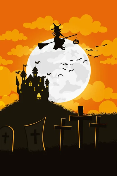 Feliz cartão de Halloween com casa assombrada e bruxa voando no cemitério — Vetor de Stock