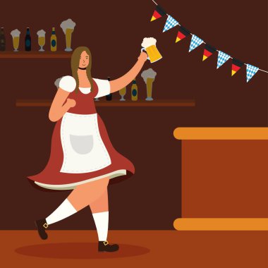 Güzel Alman kadın bar karakteriyle bira içiyor.