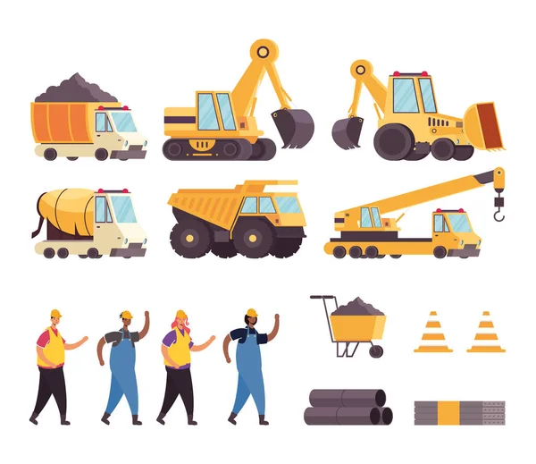 Paquete de vehículos de construcción y herramientas con los trabajadores — Vector de stock