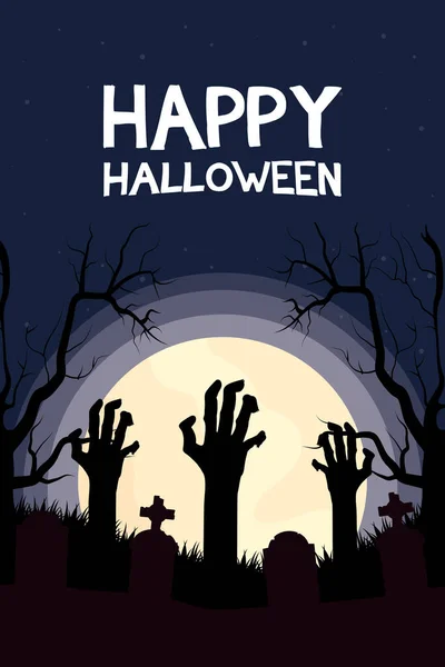 Tarjeta de Halloween feliz con letras y manos de la muerte en la escena del cementerio — Vector de stock