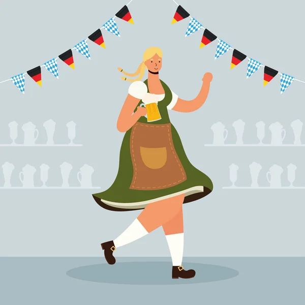 Beautiful german woman drinking beer and garlands character — Stock Vector