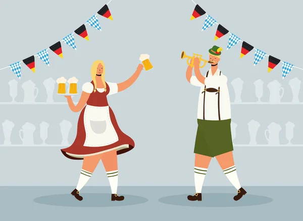 Pareja alemana con traje tirolés bebiendo cervezas y tocando la trompeta — Vector de stock