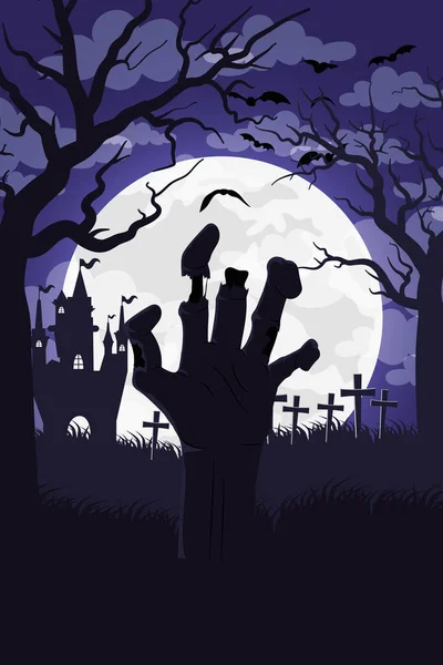 Счастливая открытка на Хэллоуин с привидениями в замке и сценой в доме смерти — стоковый вектор