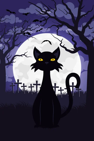 Carte d'Halloween heureuse avec chat dans la scène du cimetière — Image vectorielle