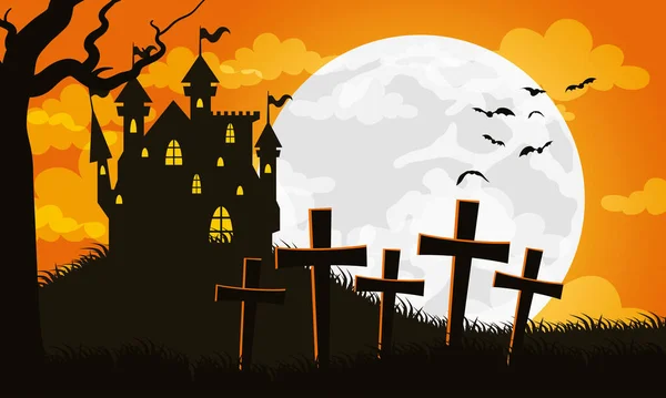 Feliz cartão de Halloween com casa assombrada na cena do cemitério — Vetor de Stock