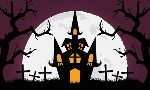 Gelukkige Halloween kaart met kasteel op begraafplaats — Stockvector