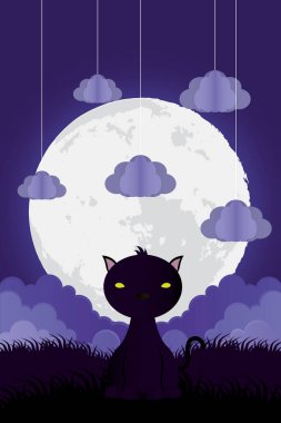 Kara kedi ve bulutların asılı olduğu Cadılar Bayramı kartın kutlu olsun.