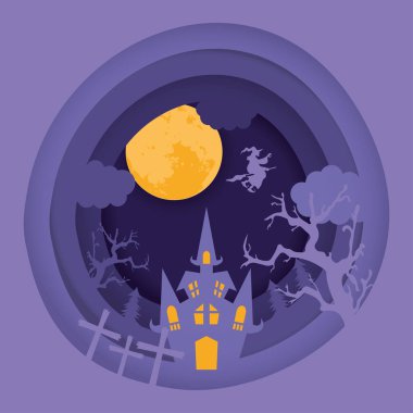 Cadılar bayramı kartında cadı uçuşu ve kale sahnesi mutlu olsun.