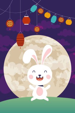 Sonbahar festivalinin ortasında tavşan ve lambaların asılı olduğu poster.