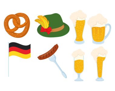 Oktoberfest parti kutlaması posteri. Bira ve ikonlarla dolu.