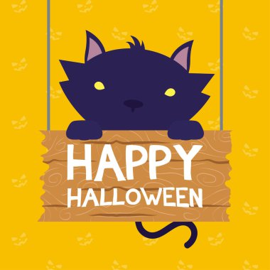 Ahşap etiketli ve kedili mutlu cadılar bayramı kartı