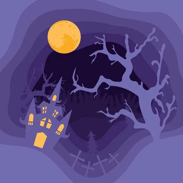 Feliz tarjeta de Halloween con castillo y árbol en escena del cementerio — Vector de stock