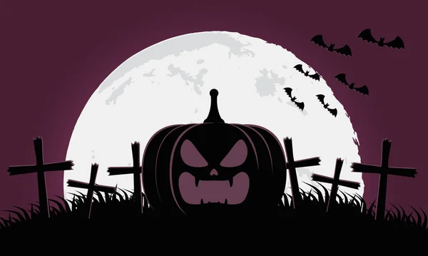 Cartão de Halloween feliz com abóbora na cena do cemitério — Vetor de Stock