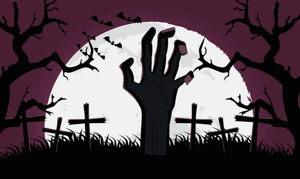 Feliz tarjeta de Halloween con la mano de la muerte en la escena del cementerio — Vector de stock