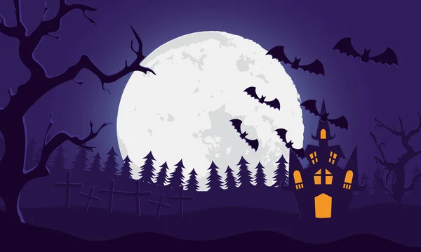 Счастливая открытка на Хэллоуин с замком и летучими мышами, летящими по сцене кладбища — стоковый вектор