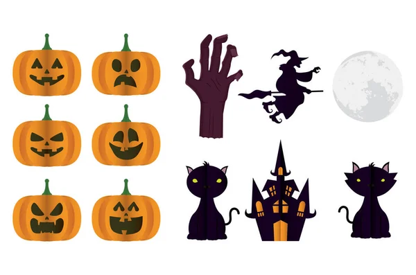 Tarjeta de Halloween feliz con paquete de calabazas e iconos — Vector de stock