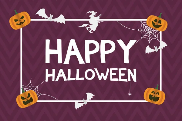 Felice halloween card con zucche e pipistrelli volante cornice quadrata — Vettoriale Stock