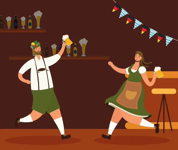 Duits paar dragen tiroolse pak drinken bieren personages — Stockvector