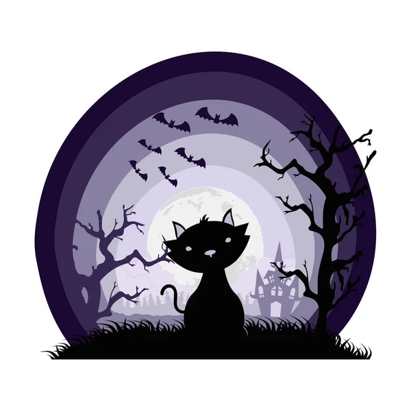 Halloween chat noir mascotte et chauves-souris volant dans la scène sombre — Image vectorielle