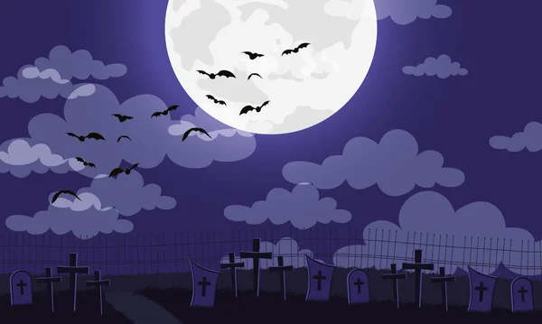 Glad halloween kort med fladdermöss som flyger på kyrkogården — Stock vektor