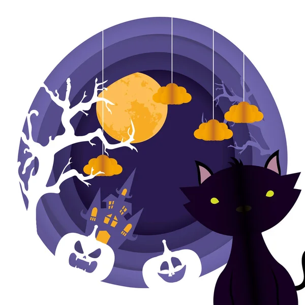Boldog halloween kártya fekete macska és tök jelenet — Stock Vector