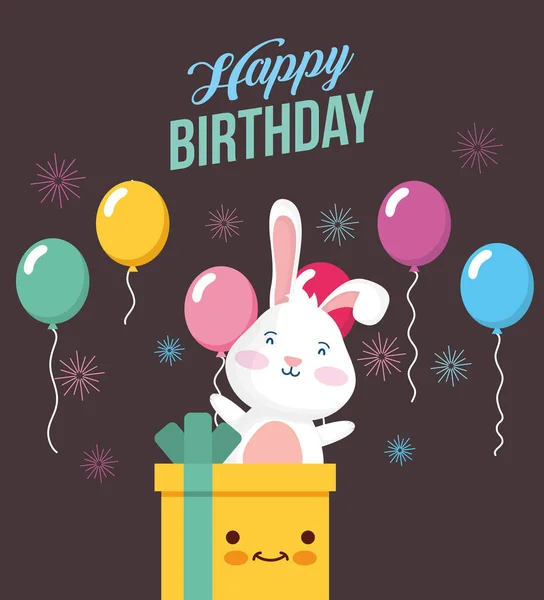 Tarjeta de cumpleaños feliz con conejo y regalo escena emoji — Archivo Imágenes Vectoriales