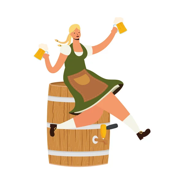 Bela mulher alemã bebendo cervejas sentadas em caráter barril — Vetor de Stock