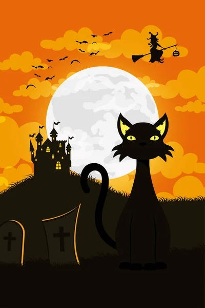 Happy halloween card with black cat mascot and witch flying scene — Stock Vector