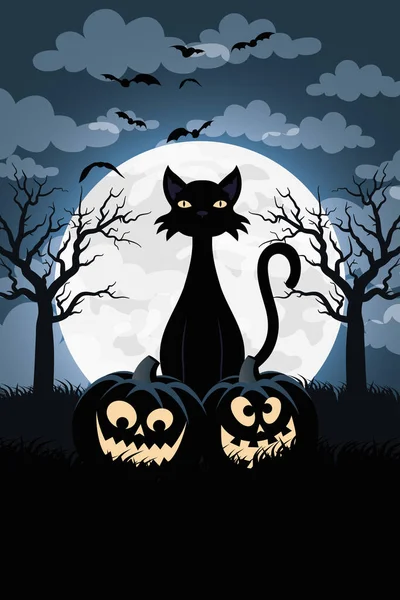 Tarjeta de Halloween feliz con calabazas y escena de gato negro — Vector de stock