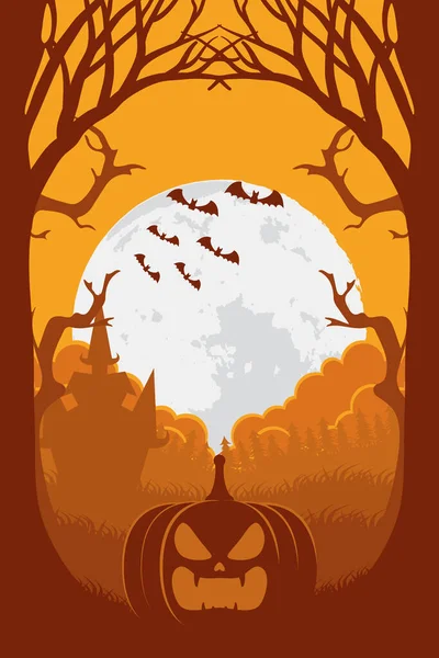 Happy halloween card with pumpkin and bats flying sunset scene — Stock Vector
