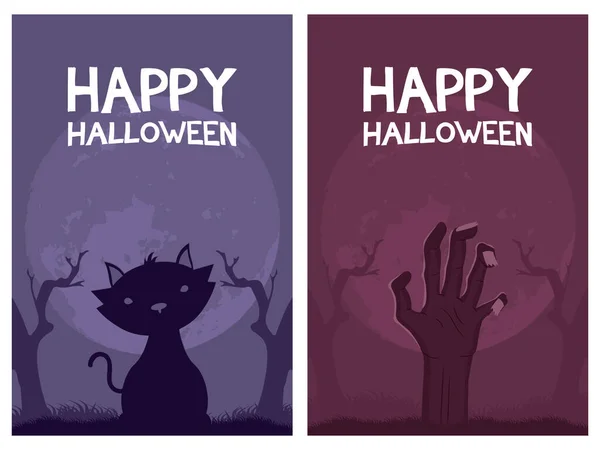 Szczęśliwy halloween kartki litery i kot ze śmiercią rąk — Wektor stockowy