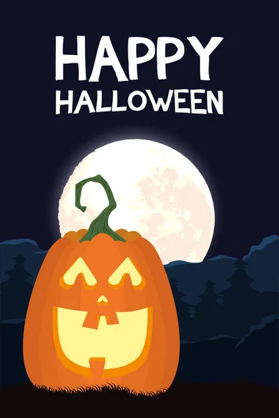 Felice halloween card con scritte e zucca nella scena lunare — Vettoriale Stock