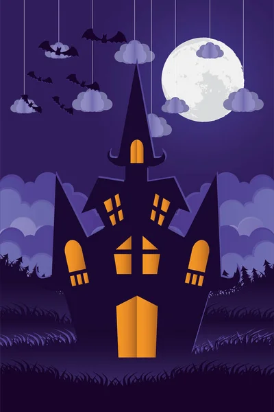 Счастливая Хэллоуин карта с замком и облаками висит сцены — стоковый вектор