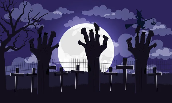 Feliz cartão de Halloween com letras e mãos morte no cemitério — Vetor de Stock