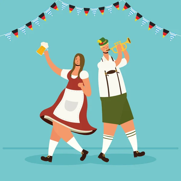 Pareja alemana con traje tirolés bebiendo cervezas y tocando la trompeta — Archivo Imágenes Vectoriales