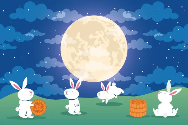 Mittherbstfest-Plakat mit Kaninchen und Vollmond im Lager — Stockvektor