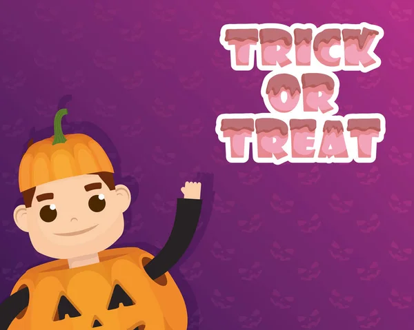 Feliz halloween tarjeta truco de tratar letras y calabaza carácter — Vector de stock