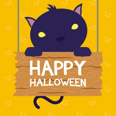 Ahşap etiketli ve kedili mutlu cadılar bayramı kartları