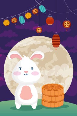 Sonbahar festivalinin ortasında tavşan ve lambaların asılı olduğu poster.