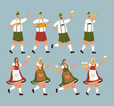 Alman halkı tirol takım elbise giyiyor, bira içiyor ve enstrüman çalıyor.