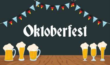 Oktoberfest partisi posterinde bira ve çelenklerle