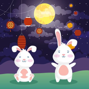 Sonbahar ortası festival afişi. Tavşanlar ve lambalarla dolu.