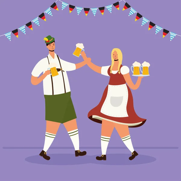 Pareja alemana con traje tirolés bebiendo cervezas personajes — Archivo Imágenes Vectoriales