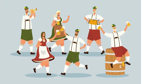 Alemanes con traje tirolés bebiendo cervezas y tocando instrumentos — Archivo Imágenes Vectoriales