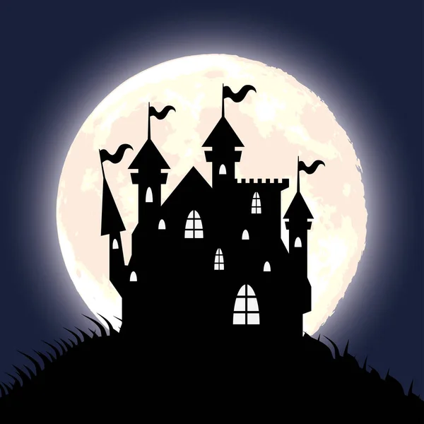 Счастливая открытка на Хэллоуин с домом с привидениями и луной — стоковый вектор