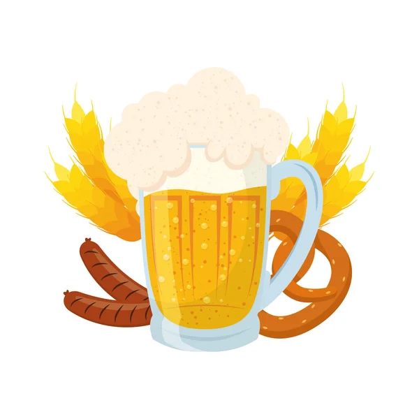 Cerveja fresca em jarra com picos de cevada e pretzel — Vetor de Stock