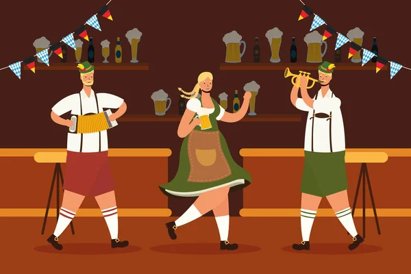 Alemanes con traje tirolés bebiendo cervezas y tocando instrumentos en el bar — Archivo Imágenes Vectoriales