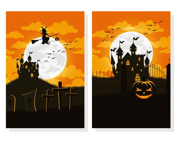Feliz cartão de Halloween com casas assombradas e bruxas voando cenas — Vetor de Stock